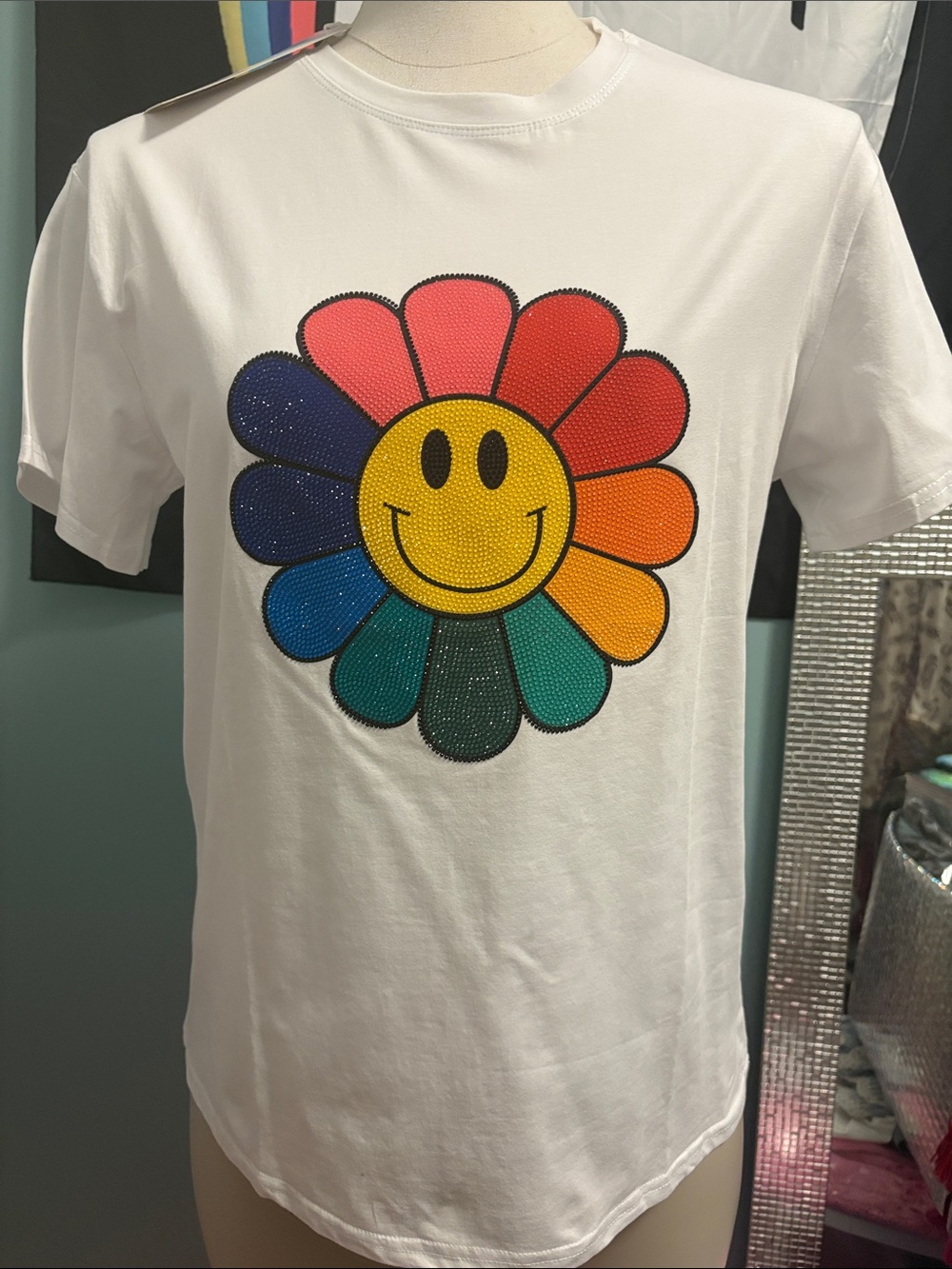 White Short Sleeve Tee with Rainbow Smiley Flower Graphic